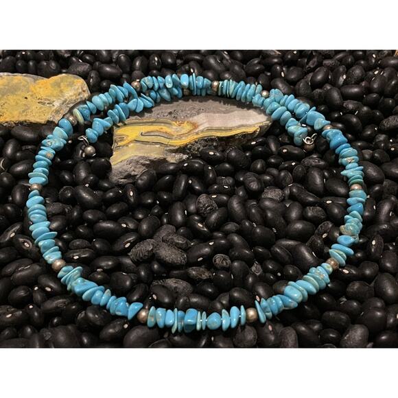 Native American Sterling Navajo Pearl & Blue Turquoise Chip Choker Wrap Necklace - Picture 4 of 9